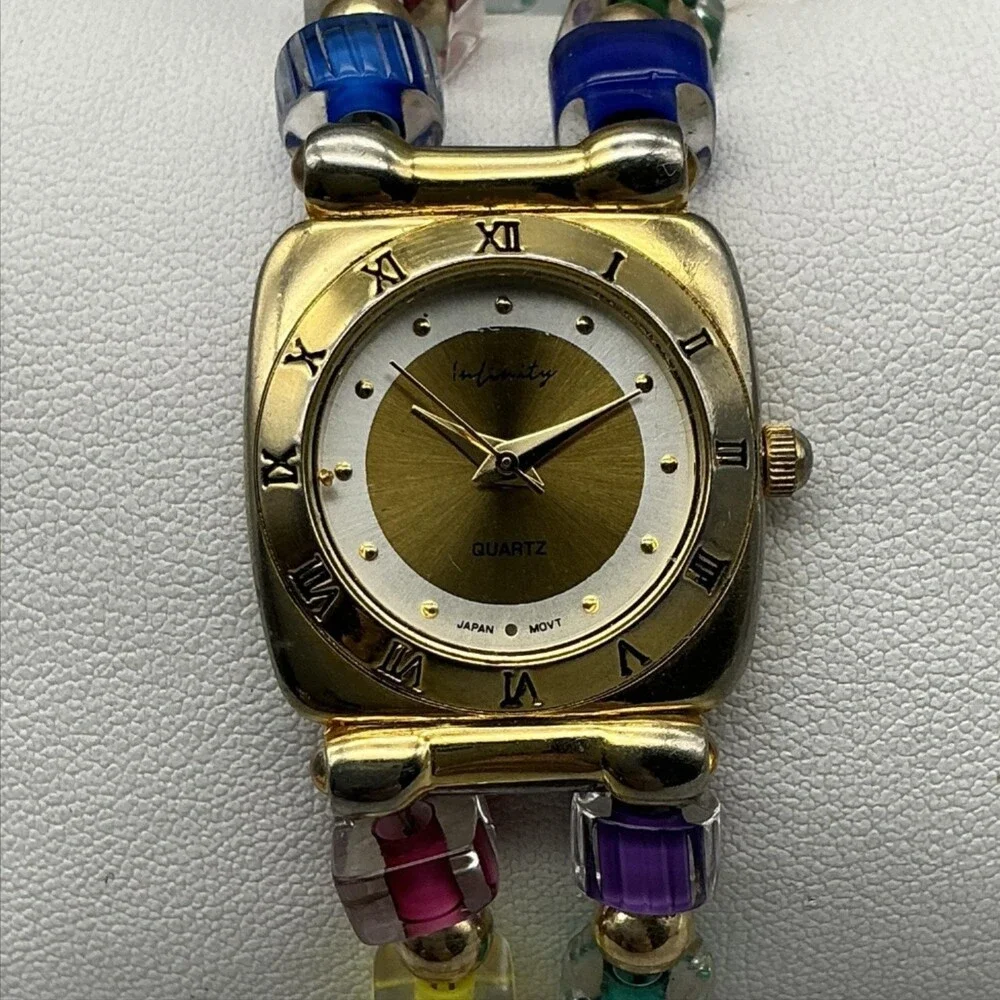 Infinity Womens Watch 24mm Gold Tone Multicolor Bead Bracelet New Battery 6.75